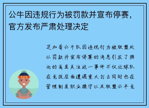 公牛因违规行为被罚款并宣布停赛，官方发布严肃处理决定