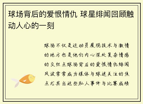 球场背后的爱恨情仇 球星绯闻回顾触动人心的一刻