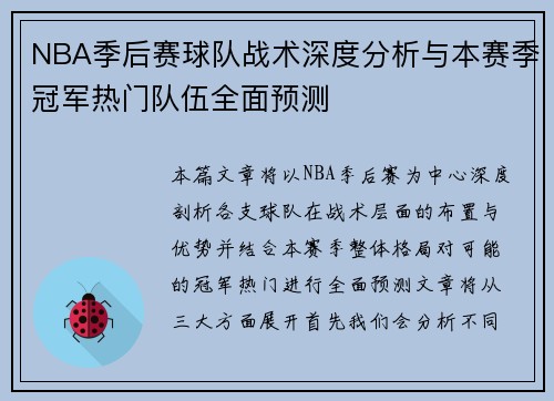 NBA季后赛球队战术深度分析与本赛季冠军热门队伍全面预测